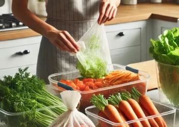 DALL·E 2024-09-03 17.39.21 - A bright and clean kitchen scene showing a variety of fresh vegetables being prepared for storage. On the countertop, there are carrots, lettuce, toma