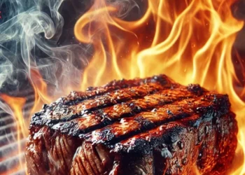 DALL·E 2024-09-13 19.18.29 - A close-up of a sizzling piece of beef on a barbecue grill with large flames rising around it. The meat is caramelized on the outside, showing grill m