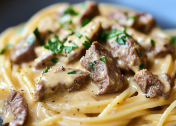 Espaguete com Iscas de Carne ao Molho de Mostarda: Simples e Cheio de Sabor