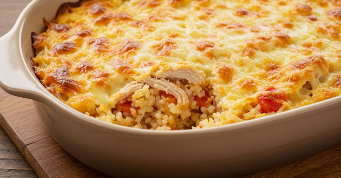 Refeição completa: arroz de forno com frango desfiado e queijo gratinado