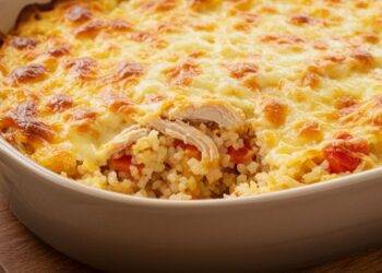 Refeição completa: arroz de forno com frango desfiado e queijo gratinado