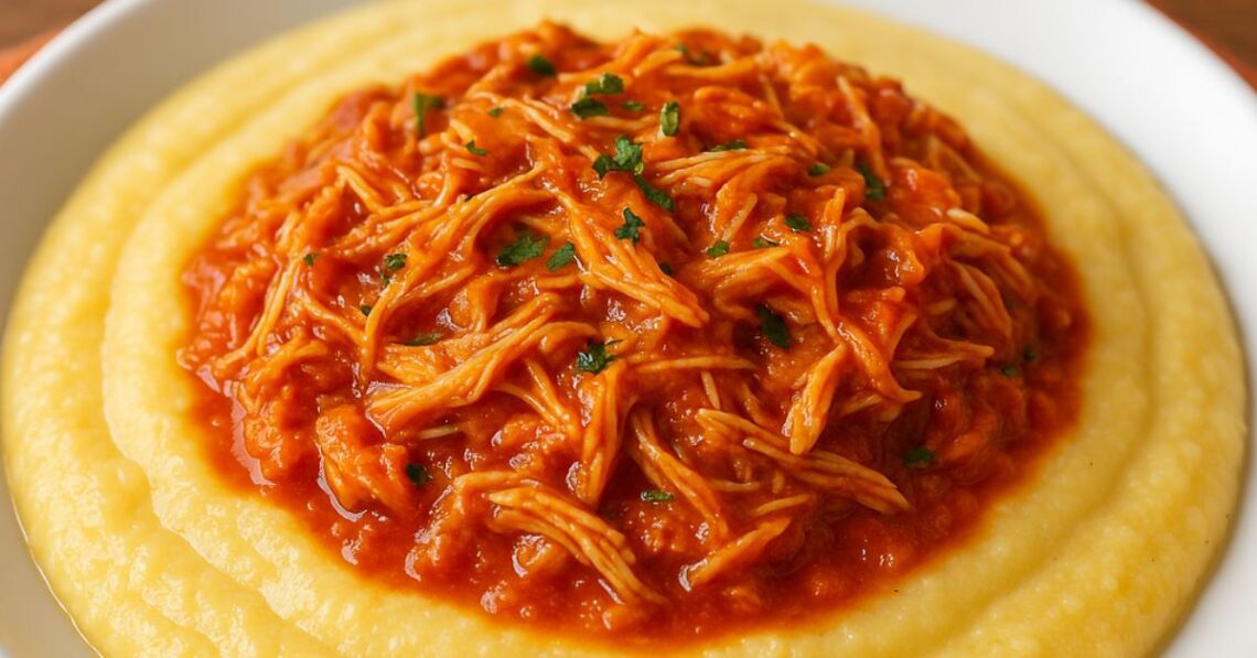 Polenta cremosa com molho de frango desfiado: conforto em forma de comida