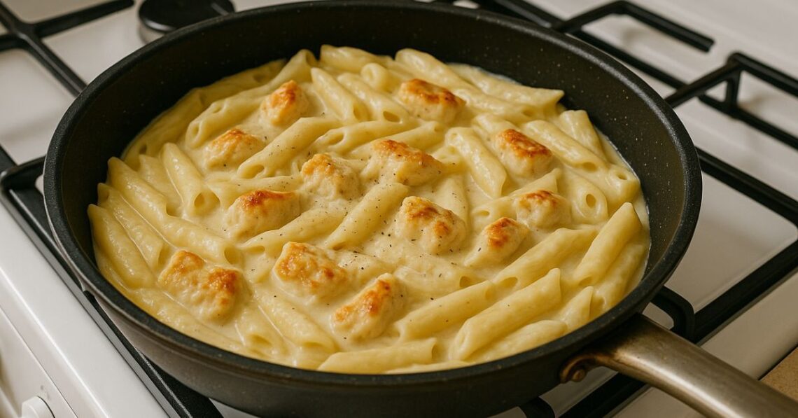 Penne ao molho branco com frango: cremoso e fácil na frigideira