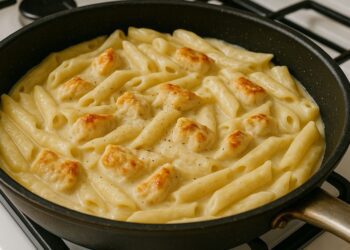Penne ao molho branco com frango: cremoso e fácil na frigideira