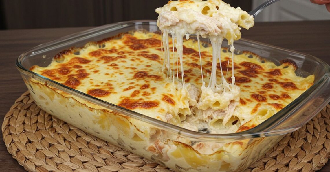 Almoço prático: macarrão de forno com frango e molho branco