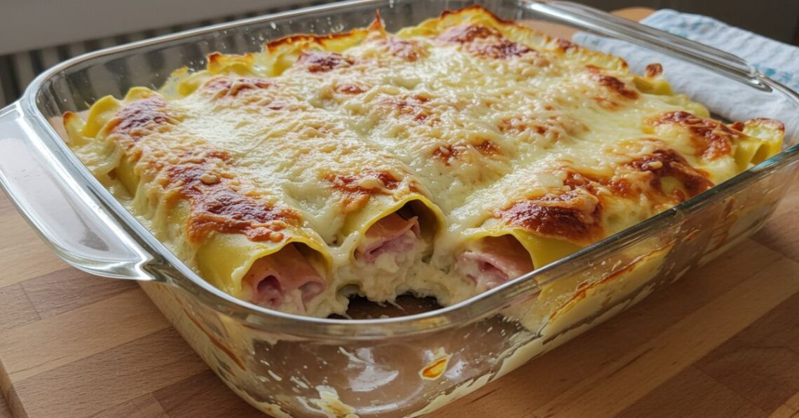 Canelone gratinado de presunto e queijo fácil e gostoso