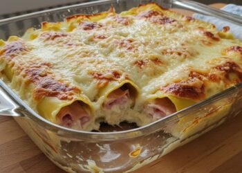 Canelone gratinado de presunto e queijo fácil e gostoso