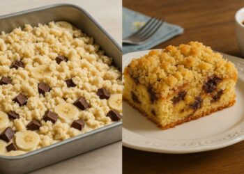 Impossível comer só um pedaço desta cuca de banana com chocolate