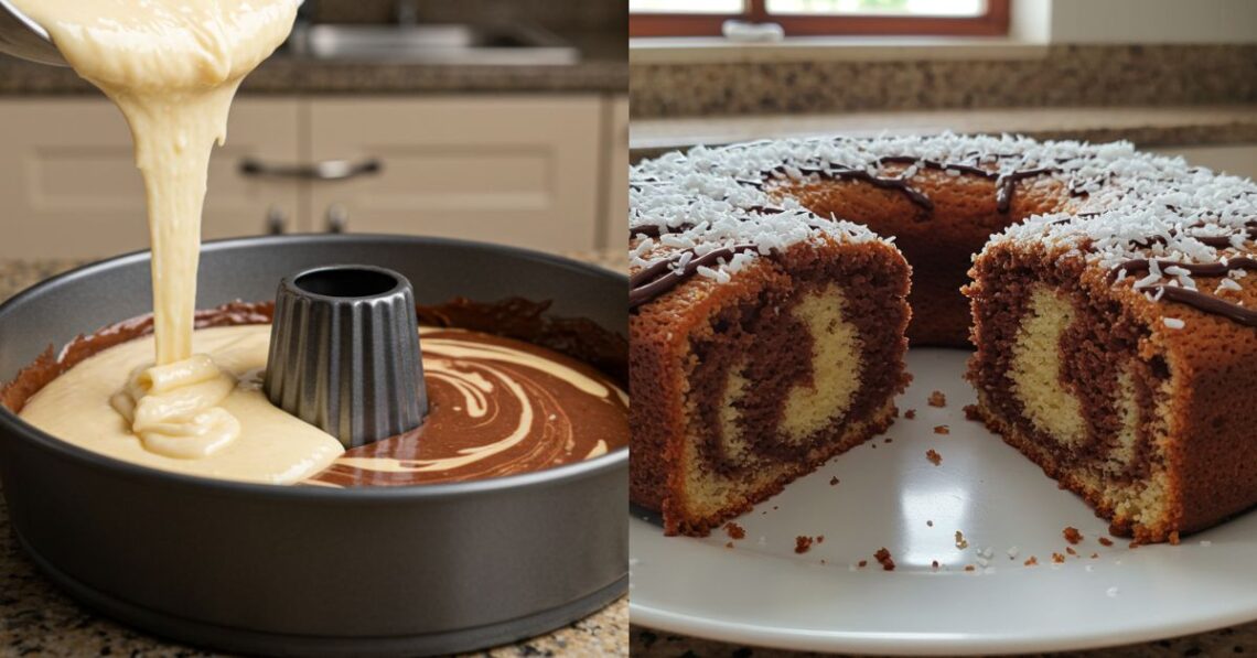 Bolo mesclado de coco e chocolate: fácil, fofinho e muito saboroso