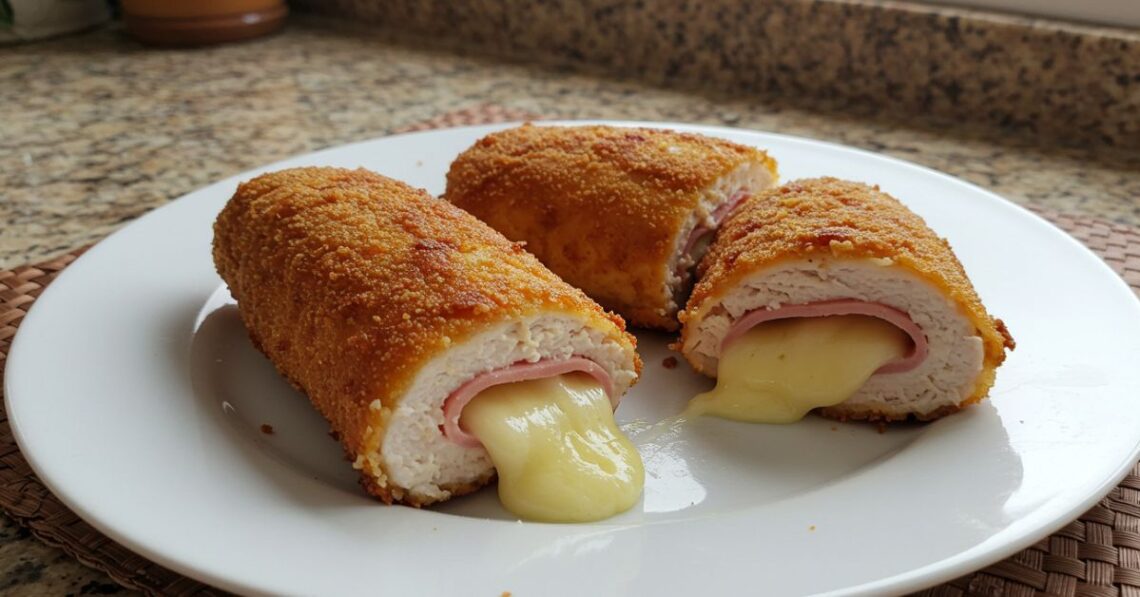 Receita prática de enroladinho de frango empanado e recheado