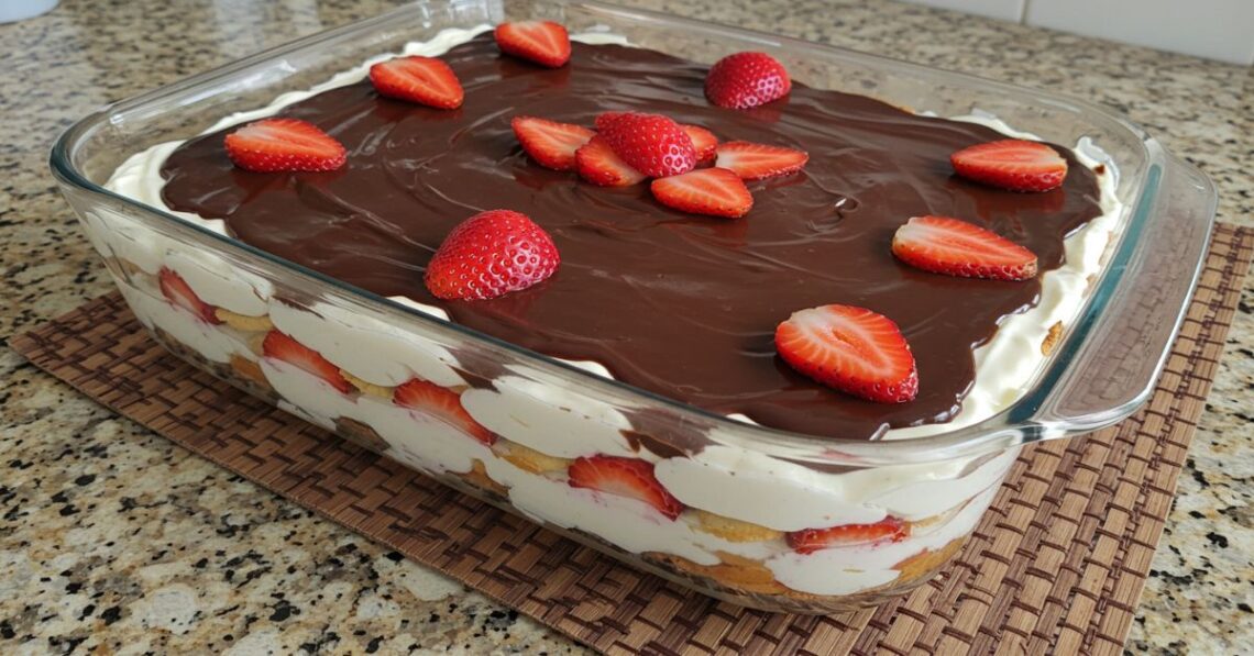 Pavê de morango com chocolate cremoso e fácil de fazer