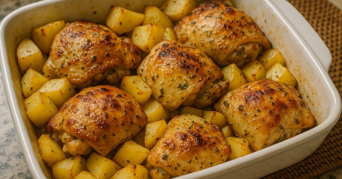 Sobrecoxa temperada com maionese e batatas douradas no forno