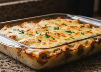 Canelone de carne moída com molho branco e queijo gratinado