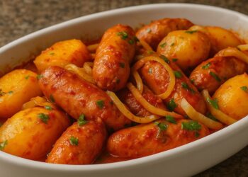 Linguiça com batatas na panela de pressão simples e deliciosa