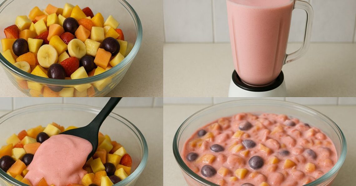 Salada de frutas com mousse de morango: cremosa e refrescante