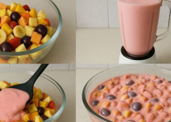 Salada de frutas com mousse de morango: cremosa e refrescante